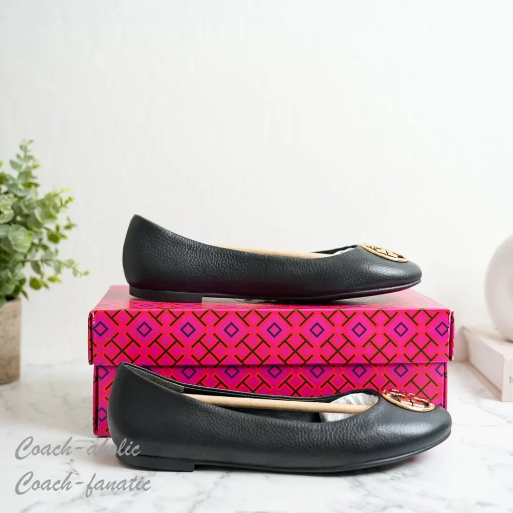 NIB Tory Burch Signature Logo Classic Chelsea Ballet Flat in Black/Gold